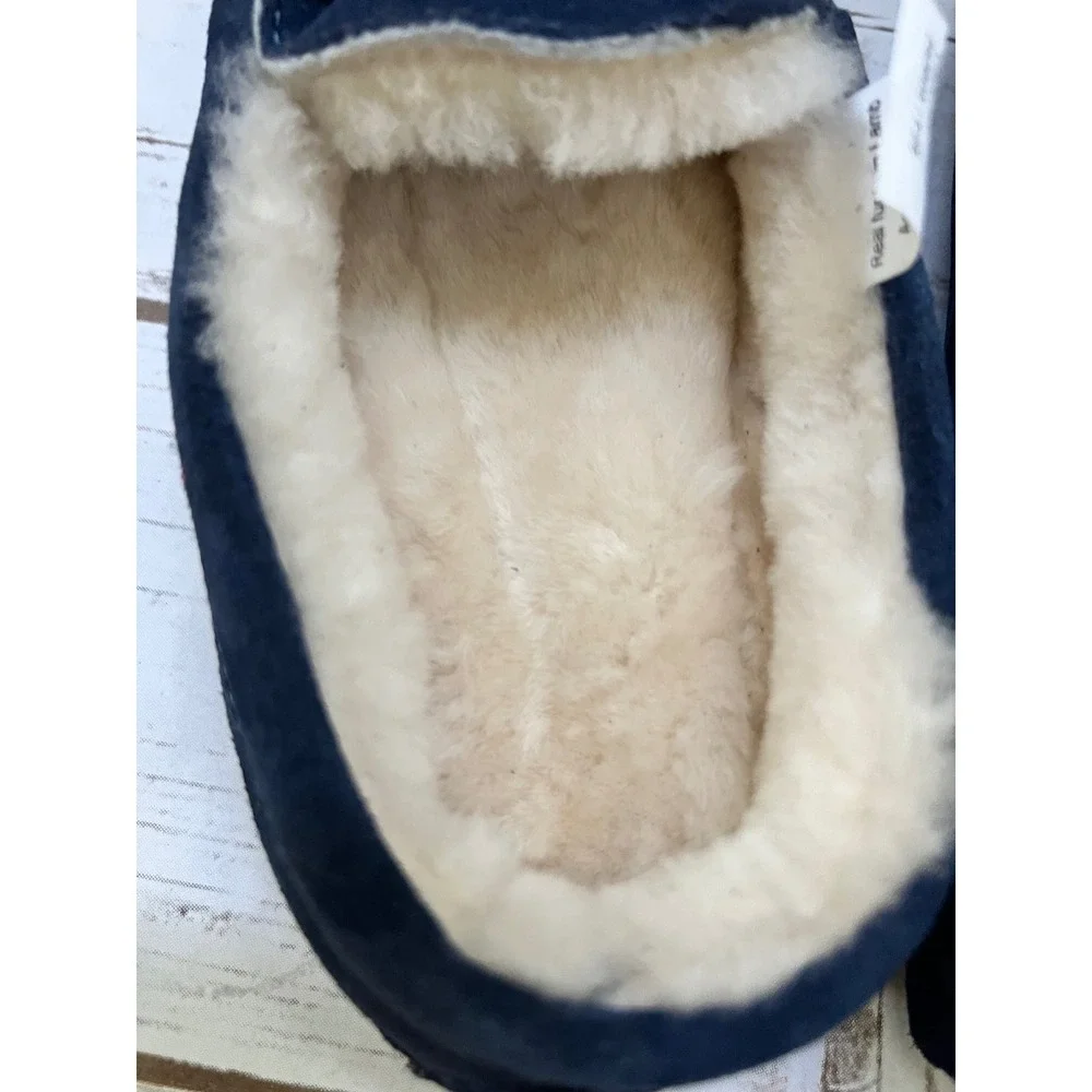 L.L.Bean NWOT Wicked Good Moccasin Slippers Navy Suede Shearling Kids Size 3